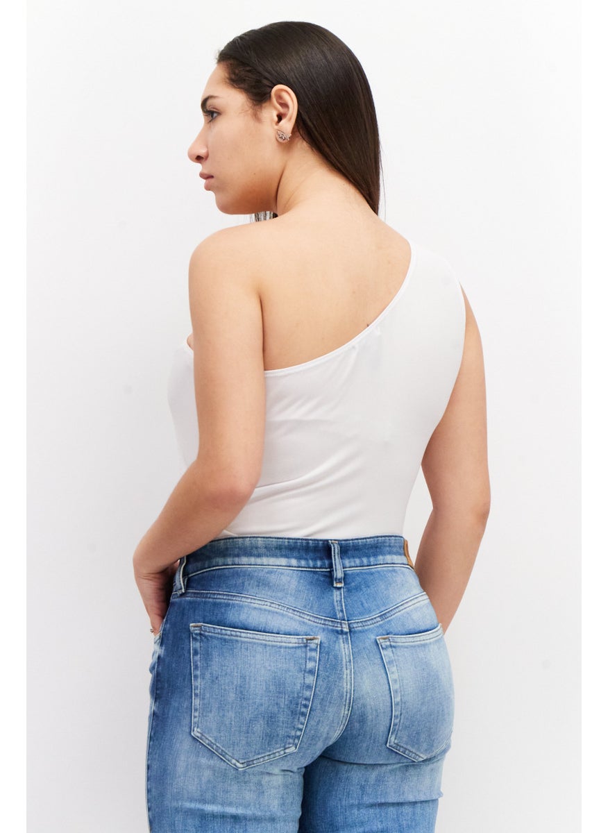Aqua - Women Plain One Shoulder Bodysuit, White - Image 1