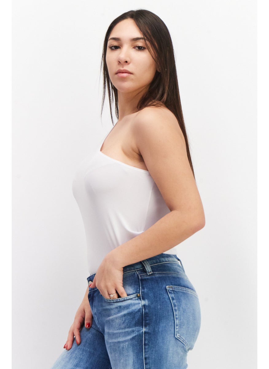Aqua - Women Plain One Shoulder Bodysuit, White - Image 1