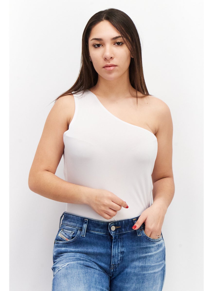 Aqua - Women Plain One Shoulder Bodysuit, White - Image 1