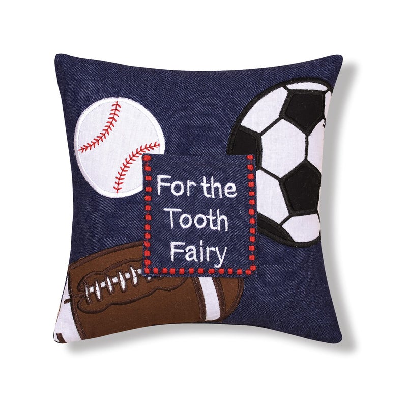 C&F Home Tooth Fairy Pillow مع Pocket for Boys Sports موضوع للبنين والبنات | Toothfairy رمي وسادة صغيرة لغرفة الأطفال | حامل أسنان الهدية المثالي لـ First Lost Tooth 8 × 8 أزرق - Image 1