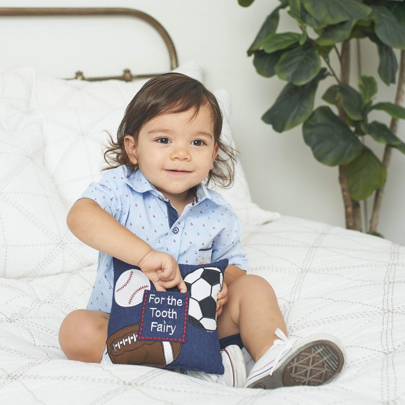 C&F Home Tooth Fairy Pillow مع Pocket for Boys Sports موضوع للبنين والبنات | Toothfairy رمي وسادة صغيرة لغرفة الأطفال | حامل أسنان الهدية المثالي لـ First Lost Tooth 8 × 8 أزرق - Image 3