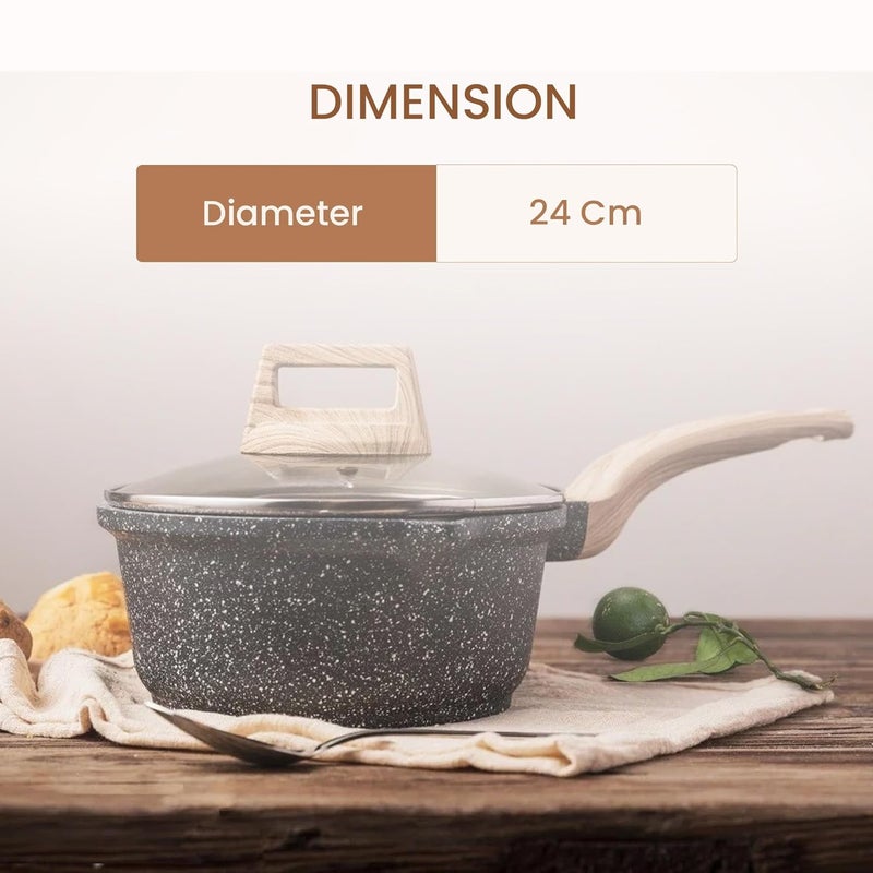 Home Essentials Maifan Stone Sauce Pan Nonstick Pan with Glass Lid & Wooden Handle | Small Saucepan | Cooking Pan for Soup, Noodles, Tea, Pasta & Steamed Vegetables and Dim Sum (Black),3 L - Image 2