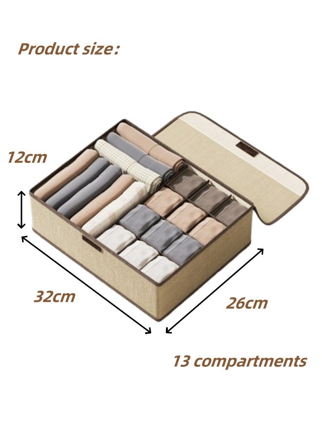 Aikenn Underwear Storage Box Foldable Wardrobe Organizer Dividers Drawer Organizer Honeycomb Organizer Cotton And Linen Material With Lid Dust-Proof Magic Velcro Can Store Underwear Socks Clothe Beige 13 Grid  - Image 2