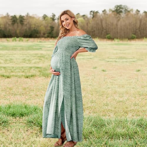guruixu Floral Maternity Dress Square Neck Puff Sleeve Smocked Boho Photoshoot Baby Shower Pregnancy Dresses Sage Green - Image 4