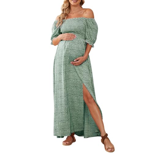 guruixu Floral Maternity Dress Square Neck Puff Sleeve Smocked Boho Photoshoot Baby Shower Pregnancy Dresses Sage Green - Image 1