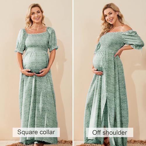 guruixu Floral Maternity Dress Square Neck Puff Sleeve Smocked Boho Photoshoot Baby Shower Pregnancy Dresses Sage Green - Image 5