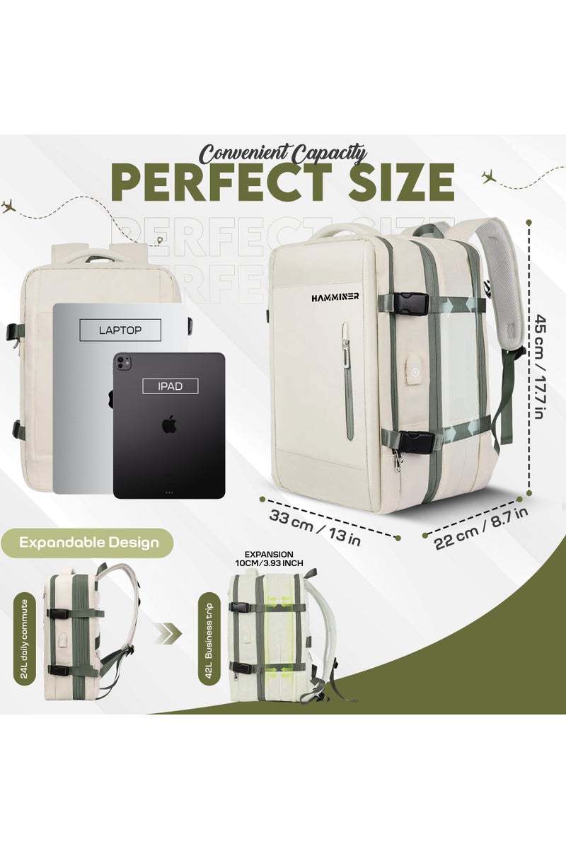 HAMMINER Travel Bag Expandable, Flight Approved Carry On Backpack For International Travel Bag, Water Resistant Durable 17-inch Laptop Backpacks, Laptop Bag Luggage Backpack For Men Sports Luggage Backpack For Womens Travel Backpack For Luggage Men School Bag Shoulder Bag Built-in USB Charging Port Beige  - Image 3