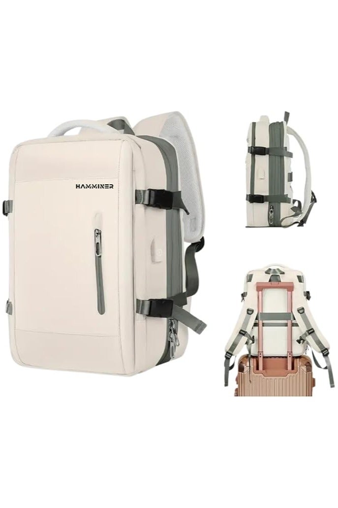 HAMMINER Travel Bag Expandable, Flight Approved Carry On Backpack For International Travel Bag, Water Resistant Durable 17-inch Laptop Backpacks, Laptop Bag Luggage Backpack For Men Sports Luggage Backpack For Womens Travel Backpack For Luggage Men School Bag Shoulder Bag Built-in USB Charging Port Beige  - Image 1