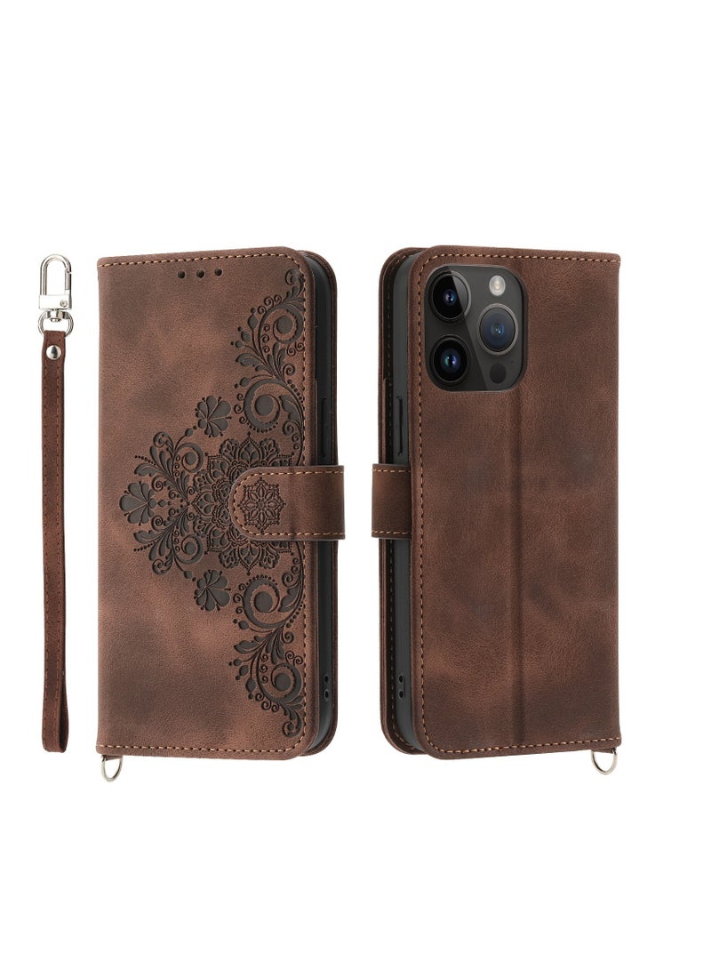 Suitable for Apple iPhone 16Pro Max/14 Plus/15/12 Embossed Crossbody Card Slot Leather Case (Brown) - Image 1