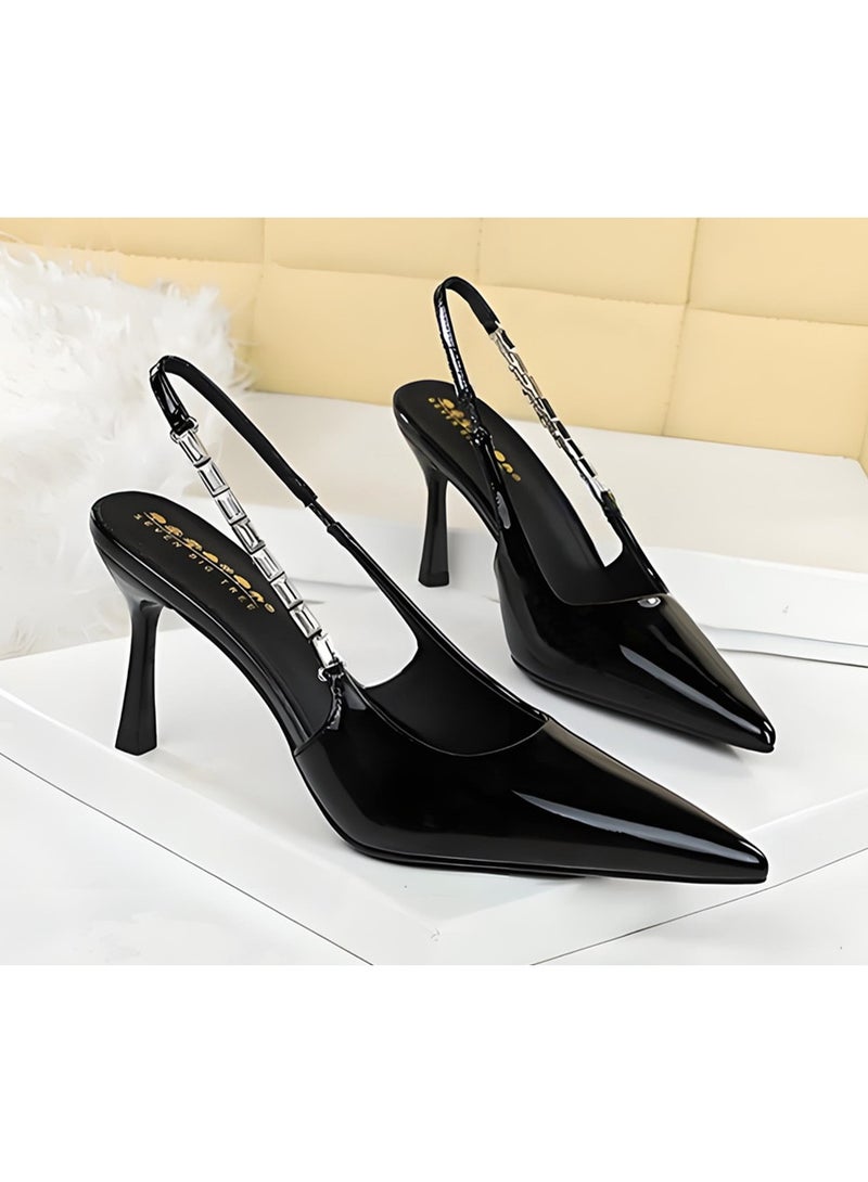 BIGTREE Women's  Closed Pointed Toe Pumps Slingback Stiletto High Heel Sandals With Rhinestone Ankle Strap Black 8CM - Image 2