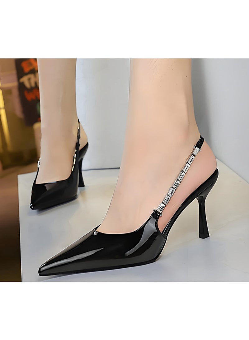BIGTREE Women's  Closed Pointed Toe Pumps Slingback Stiletto High Heel Sandals With Rhinestone Ankle Strap Black 8CM - Image 3