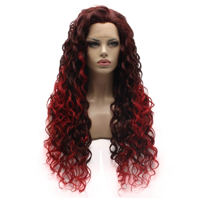 Lushy Lushy Hair Stylish Long Kinky Curly Auburn Root Red Ombre Wig Heavy Density Realistic Synthetic Lace Front Wig 