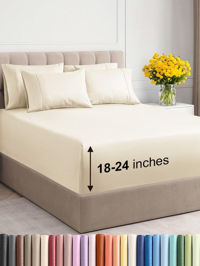 EXTRA DEEP QUEEN SHEET SET 6 PIECE BREATHABLE COOLING SHEETS HOTEL LUXURY BED SHEETS SET EASY SECURE FIT SOFT WRINKLE FREE COMFY SHEETS SET OFF WHITE SHEET SET WITH EXTRA DEEP POCKETS
