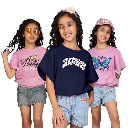 KYDA KIDS® 100% Cotton Crop top for Girls - Printed Half Sleeve Stylish Tshirt, Regular Fit Tops for Girls - (Pack of 3) - Image 2