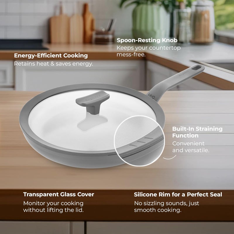 Berghoff مقلاة طهي غير لاصقة من الألمنيوم المعاد تدويره بقطر 24 سم من بيرغوف مع غطاء زجاجي مقوى | طلاء سيراميك سيراغرين | خالية من PTFE و PFAS | مناسبة للطبخ بالحث وغسالة الصحون | رمادي داكن | ضمان 5 سنوات - Image 4
