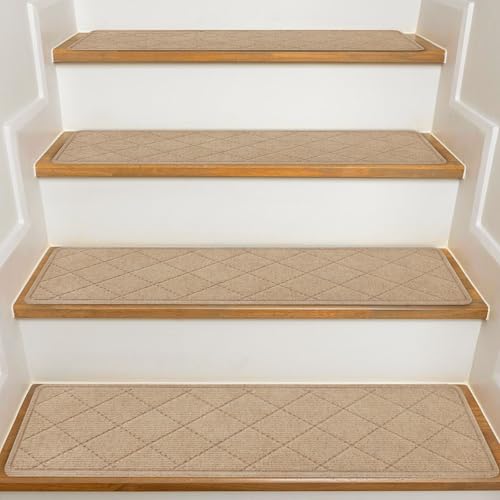 KOOTETA Stair Treads for Wooden Steps Indoor, 15 Pack 8" X 30" Non Slip Carpet Stair Treads with Reusable Adhesive for Kids Elders and Dogs, Surface Polyester TPR Backing Stair Rugs, Beige - Image 1