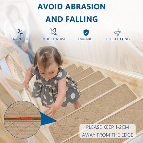 KOOTETA Stair Treads for Wooden Steps Indoor, 15 Pack 8" X 30" Non Slip Carpet Stair Treads with Reusable Adhesive for Kids Elders and Dogs, Surface Polyester TPR Backing Stair Rugs, Beige - Image 4