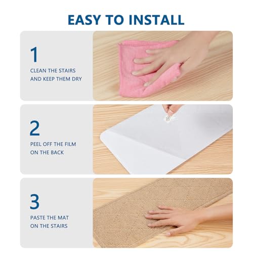 KOOTETA Stair Treads for Wooden Steps Indoor, 15 Pack 8" X 30" Non Slip Carpet Stair Treads with Reusable Adhesive for Kids Elders and Dogs, Surface Polyester TPR Backing Stair Rugs, Beige - Image 5