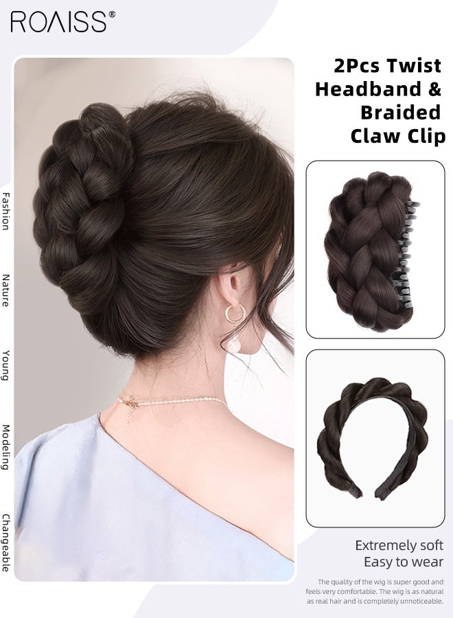 رويس قطعتان من عصابة الرأس الملتوية ومشبك المخلب المضفر، مشبك المخلب الطبيعي الرقيق مع كعكة الشعر المستعار المتكاملة، مناسبة للارتداء اليومي للنساء - Image 1