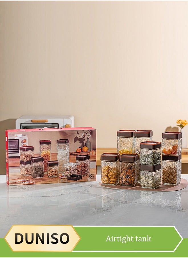 DUNISO 8 Pcs Sealed Glass Jar Set,Square Airtight Food Storage Jars，Clear Kitchen Spice Jar，With Sealing Lid，Leak Proof，Stackable，For Sugar, Tea, Coffee Bean, Pasta, Oat  - Image 1