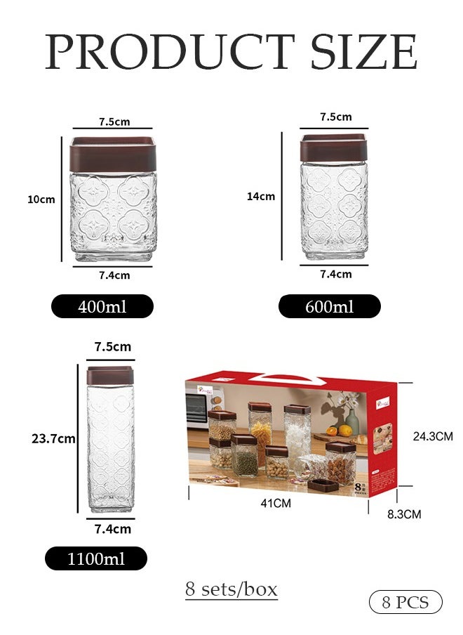DUNISO 8 Pcs Sealed Glass Jar Set,Square Airtight Food Storage Jars，Clear Kitchen Spice Jar，With Sealing Lid，Leak Proof，Stackable，For Sugar, Tea, Coffee Bean, Pasta, Oat  - Image 2