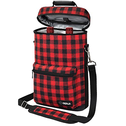 Opux 2 Bottle Wine Tote Carrier, Insulated Cooler Bag for Travel Picnic, Leakproof Padded Case, Wine Gifts for Women & Men, Plaid Buffalo Red - Image 1