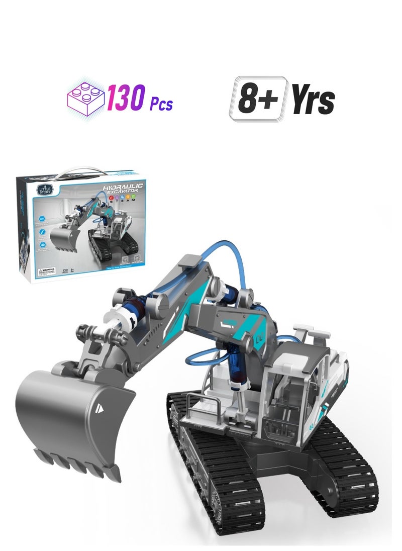 Little Story 130- Pieces DIY Hydraulic Power Principle Based 3-In-1 Excavator Bulldozer JCB Toy, Stem Series - Grey  - Image 1