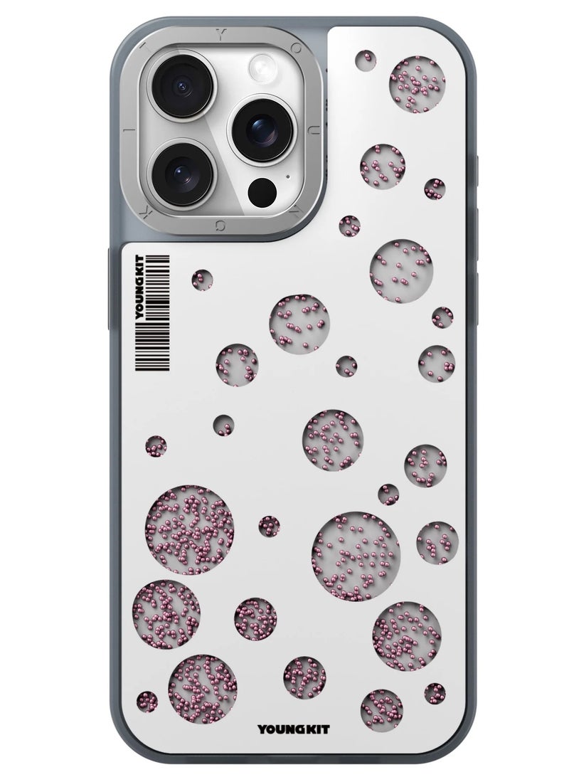 YOUNG KIT حافظة آيفون 15 برو ماكس 6.7 بوصة من سلسلة FlowBeads بتصميم نقاط البولكا - لون أبيض - Image 1