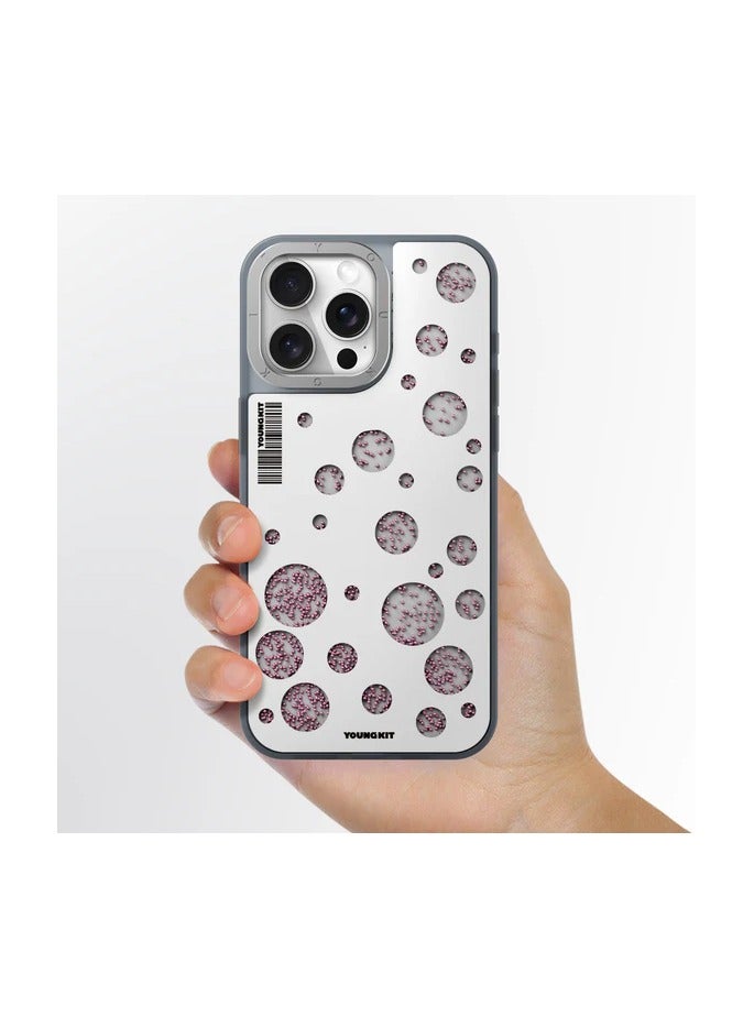 YOUNG KIT حافظة آيفون 15 برو ماكس 6.7 بوصة من سلسلة FlowBeads بتصميم نقاط البولكا - لون أبيض - Image 2