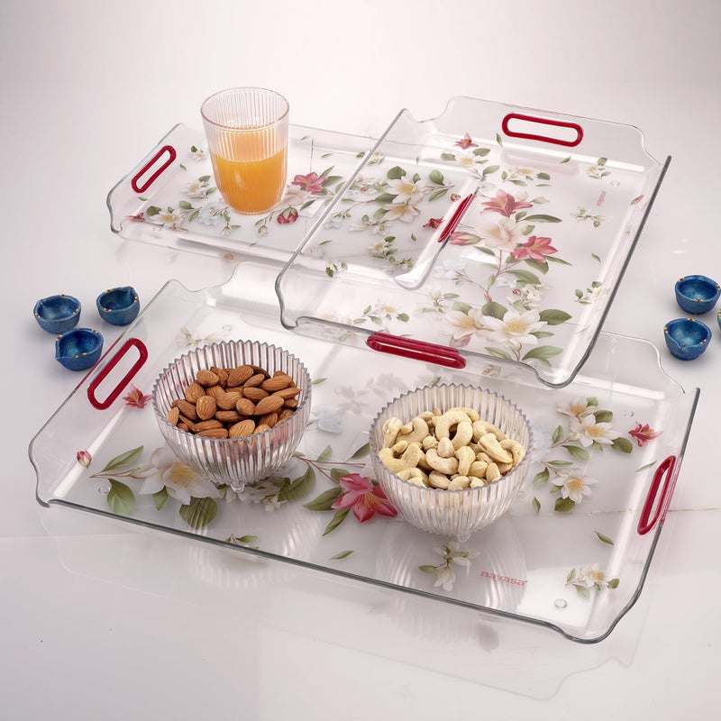 Nayasa Modern Plastic Serving Tray Set of 3 (Small, Medium, Big) | Kitchen Tray for Serving Tea, Coffee, Snacks | Multi Purpose Serveware | Transparent Red - Image 3