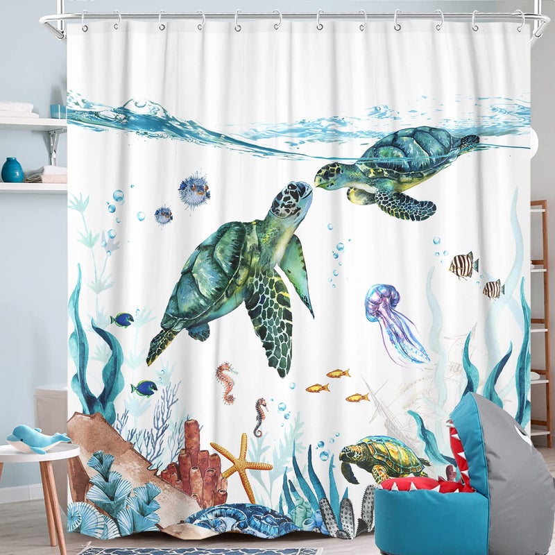 Fowocu Sea Turtle Shower Curtain Teal Blue Ocean Waterproof Fabric Shower Curtains for Bathroom with Funny Animal Octopus Starfish Anchor Fish Nautical Bath Curtain Decor (Teal  72''?72'') - Image 4