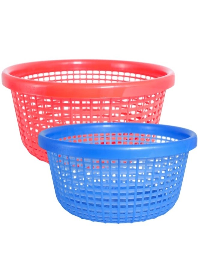 Simply Home Avika Small-Medium Combo Round Organizer Plastic Baskets| Kitchen, Bathroom, Office & Home – Durable, Stackable,Strainer Tokri For Fruits, Vegetables, Toys| Set of 2 | RED BLUE - Image 1