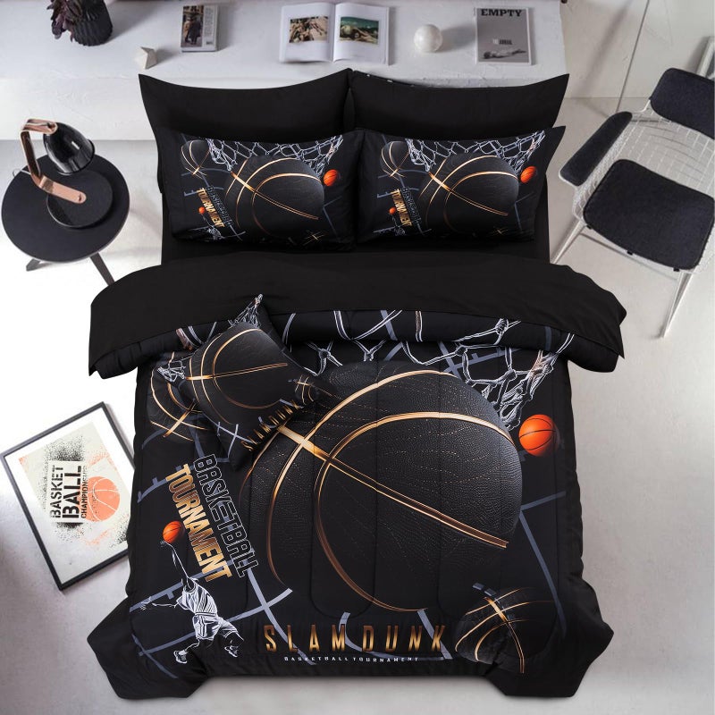 A Nice Night Basketball Court Printed Comforter Sets,with Sportsman Slam Dunk Printing 6Pcs Bedding Set in a Bag for Teen Boys,Full - Image 1
