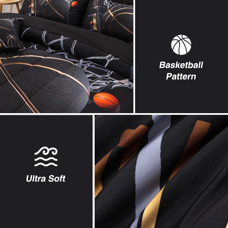 A Nice Night Basketball Court Printed Comforter Sets,with Sportsman Slam Dunk Printing 6Pcs Bedding Set in a Bag for Teen Boys,Full - Image 4
