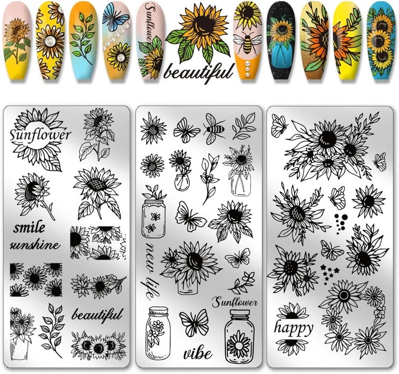 PH PandaHall 3pcs Sunflowers Nail Stamping Plates Summer Flower Nails Art Stencils Butterfly Bee Manicure Art Templates Daisy Floral Print Nail Stencils for Women Manicures Salon Design Supplies
