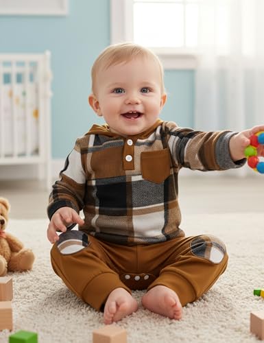 Fommy Baby Boy Clothes 0-3 Months Fashion Infant Boy Outfits Baby Brown Flannel Plaid Long Sleeve Hoodie Romper & Brown Pants Fall Winter 2 Pcs Clothes for Boy - Image 2