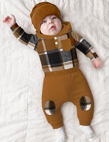 Fommy Baby Boy Clothes 0-3 Months Fashion Infant Boy Outfits Baby Brown Flannel Plaid Long Sleeve Hoodie Romper & Brown Pants Fall Winter 2 Pcs Clothes for Boy - Image 4