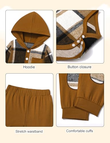Fommy Baby Boy Clothes 0-3 Months Fashion Infant Boy Outfits Baby Brown Flannel Plaid Long Sleeve Hoodie Romper & Brown Pants Fall Winter 2 Pcs Clothes for Boy - Image 5