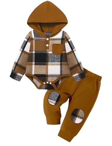 Fommy Baby Boy Clothes 0-3 Months Fashion Infant Boy Outfits Baby Brown Flannel Plaid Long Sleeve Hoodie Romper & Brown Pants Fall Winter 2 Pcs Clothes for Boy - Image 1