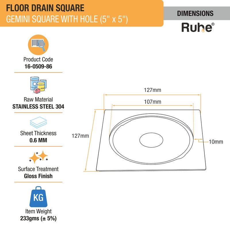 RUHE مصرف أرضي مربع Ruhe® جمنيني مع ثقب | مصرف أرضي مربع من الفولاذ المقاوم للصدأ من الدرجة 304 | (5x5 بوصة) | (عبوة من 1) - Image 2