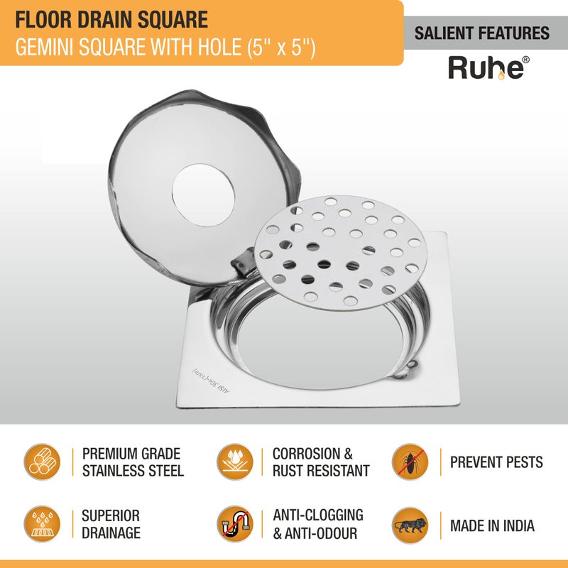 RUHE مصرف أرضي مربع Ruhe® جمنيني مع ثقب | مصرف أرضي مربع من الفولاذ المقاوم للصدأ من الدرجة 304 | (5x5 بوصة) | (عبوة من 1) - Image 3
