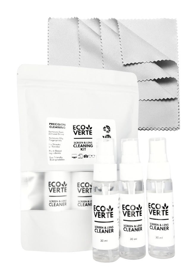 إيكوفيرت بخاخ تنظيف الشاشات مع قطعة قماش مايكروفايبر، عبوة 3 حزم (3x30مل) - مثالي لتنظيف شاشات اللابتوب، آيباد، تلفزيون LED، هواتف ذكية، نظارات، عدسات كاميرا، والمرايا. - Image 1