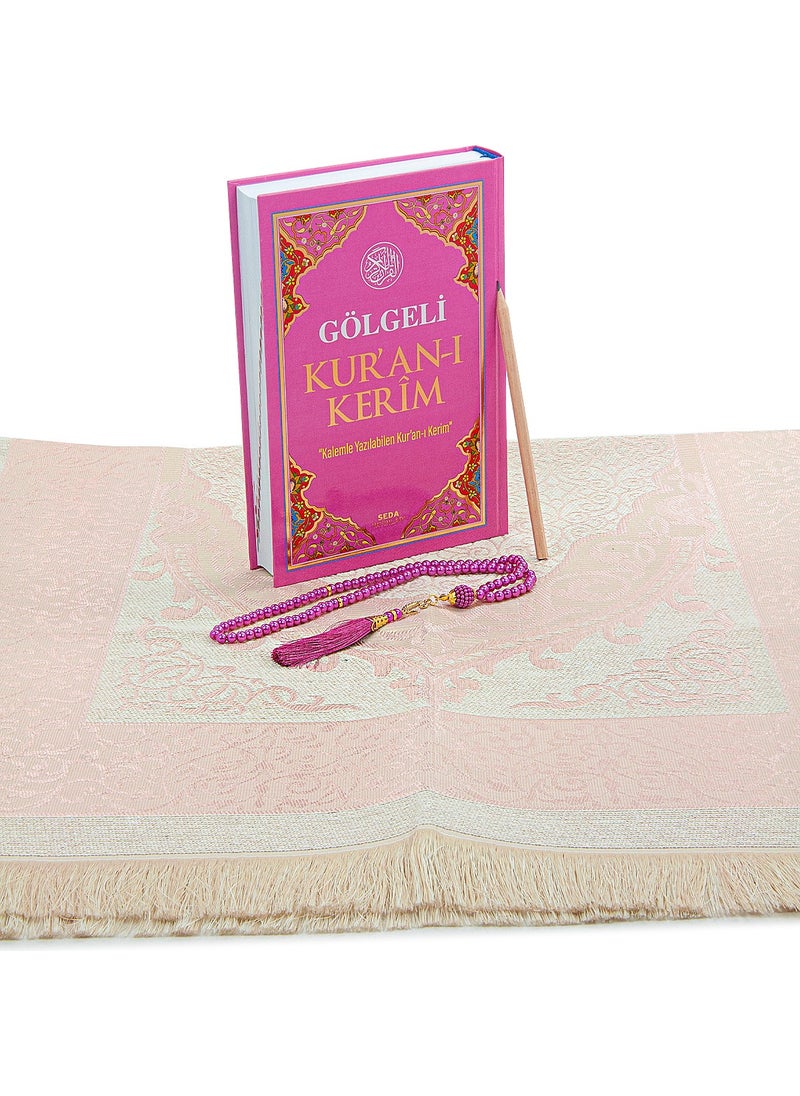 ihvanonline - Shaded Quran Set Prayer Rug Set with Prayer Beads Pink - Image 1