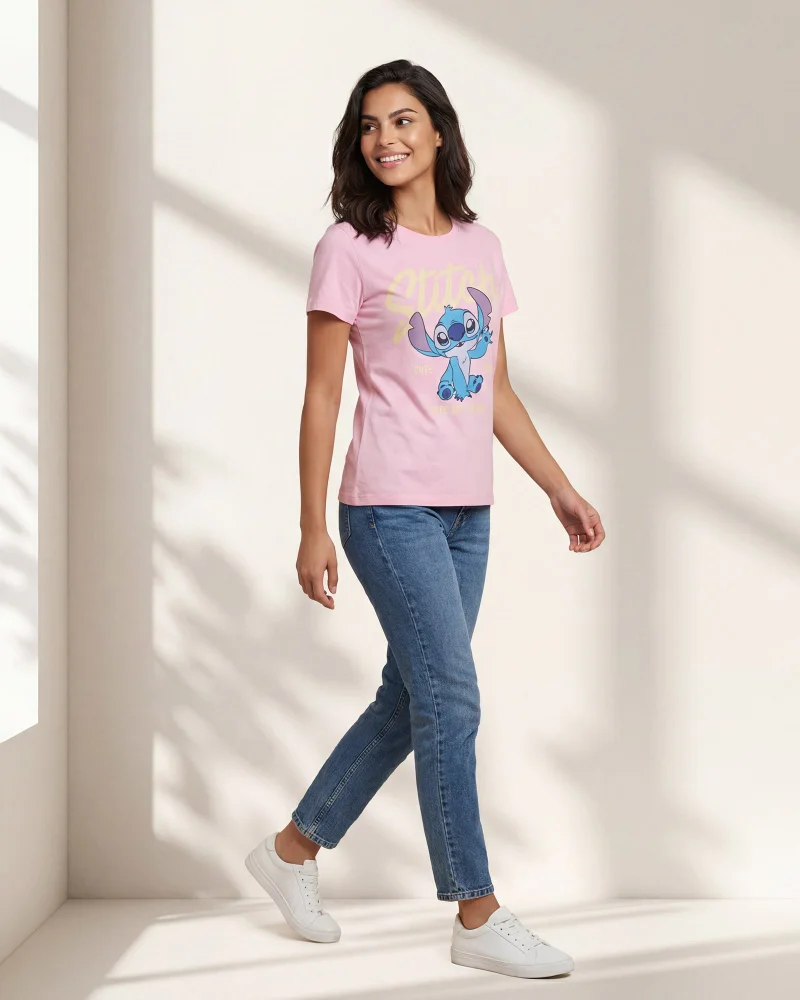 Redtag Women Pink Stitch Graphic T-Shirt
