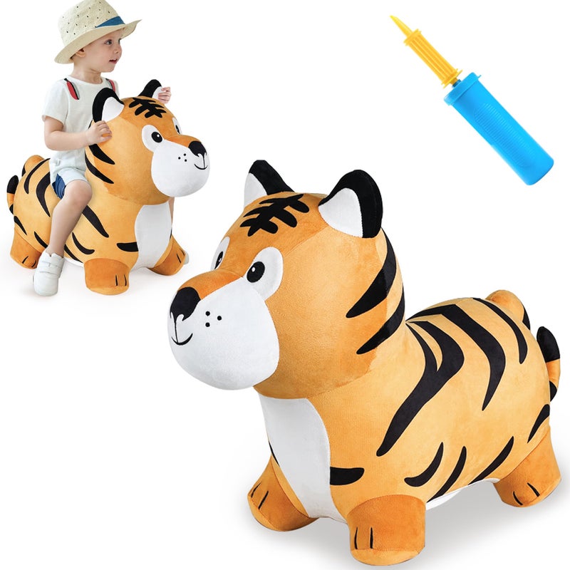 iPlay, iLearn Bouncy Pals Tiger Hopper Toy, Toddler Hopping Horse, Kid Plush Ride on Animal Bouncer W/Pump, Inflatable Bouncing Rider, Indoor Outdoor Jumping Birthday Gift 2 3 4 5 6 Year Old Boy Girl - Image 1