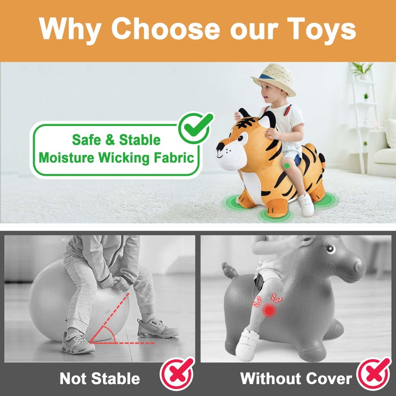 iPlay, iLearn Bouncy Pals Tiger Hopper Toy, Toddler Hopping Horse, Kid Plush Ride on Animal Bouncer W/Pump, Inflatable Bouncing Rider, Indoor Outdoor Jumping Birthday Gift 2 3 4 5 6 Year Old Boy Girl - Image 4