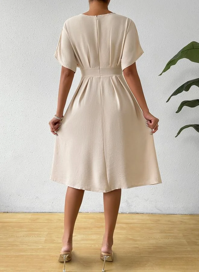 تايك تو Beige A-Line Midi Dress with Short Sleeves