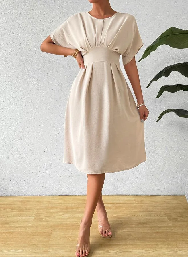 تايك تو Beige A-Line Midi Dress with Short Sleeves
