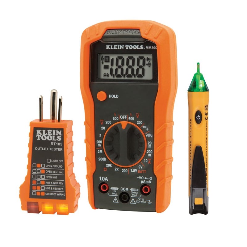 Klein Tools 69149P Electrical Test Kit with Digital Multimeter NonContact Voltage Tester and Electrical Outlet Tester Leads and Batteries
