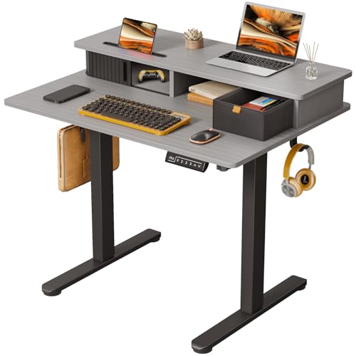 JOY worker Small Electric Standing Desk 35 x 25 Height Adjustable Table with Builtin Monitor Stand  Storage Drawer Grey Sit Stand Desk with 2 Hooks for Home Office